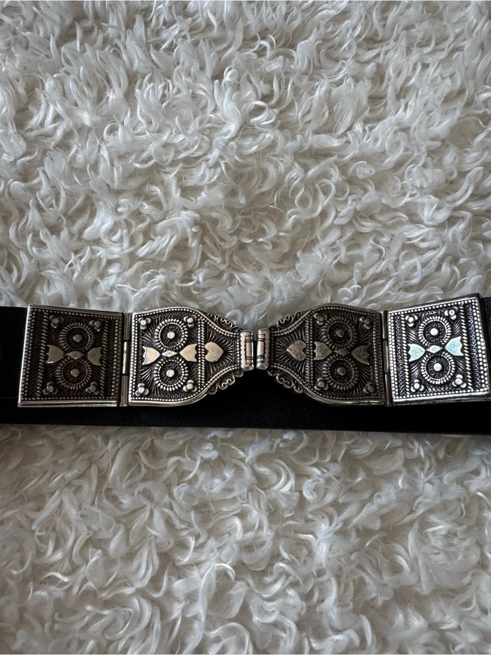Chico’s Women’s Leather Black Belt Ornate Silver Tone Buckle USA Made Size M/L